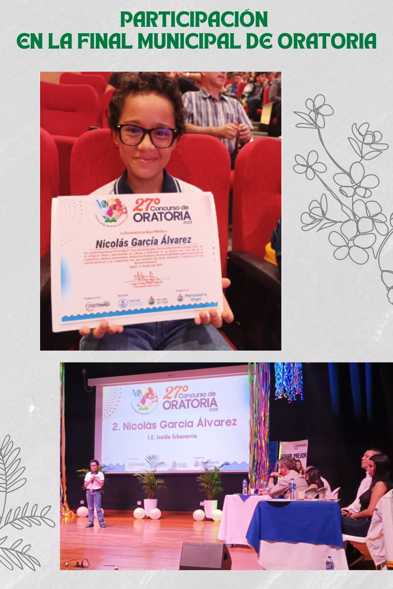 Destacada participación de Nicolás García, estudiante de 6.2, en la Final Municipal de Oratoria